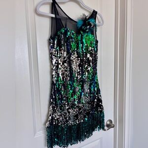 Sequin Fringe Flapper Dress Gatsby 1920s Green Black Festival Rave Small NYE